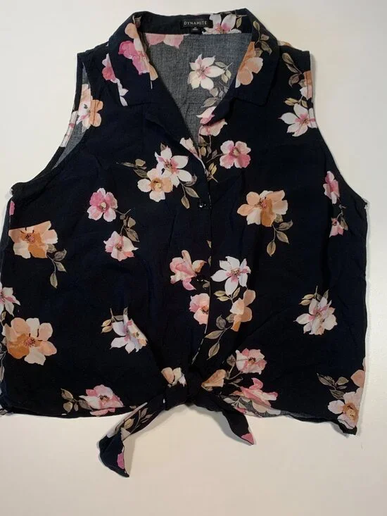Dynamite Floral Sleeveless Blouse Tie Front Black Pink Boho Button Tank Size M - Picture 2 of 8